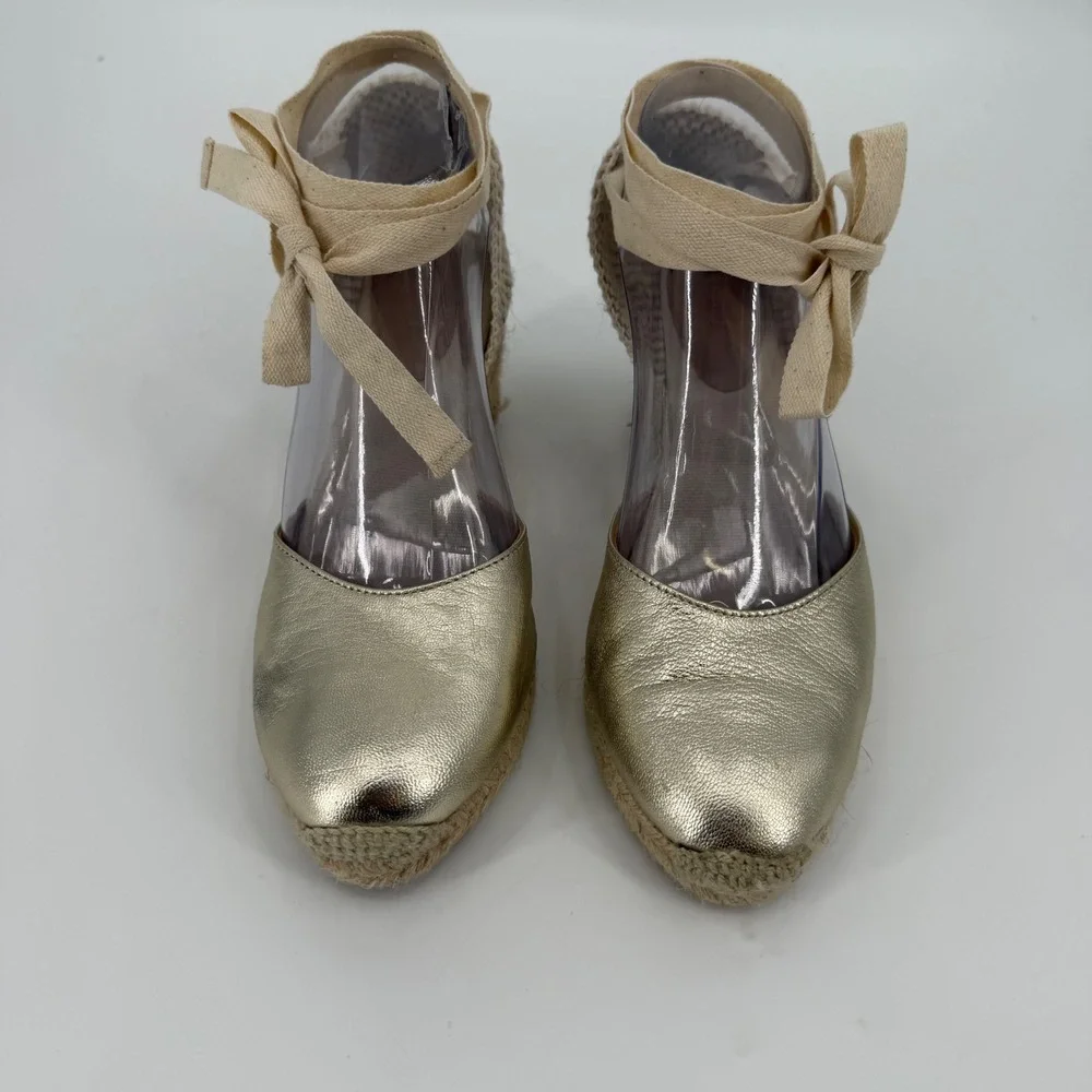 Boden Metallic Gold Espadrille Wedges Ribbon Ankle Tie Made in Spain Size 38